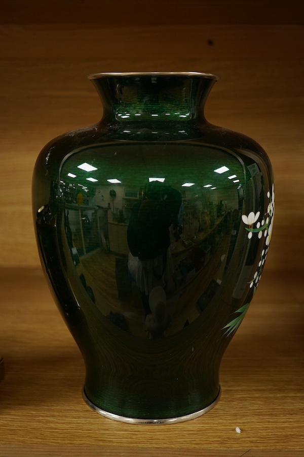 A mid 20th century Japanese green ginbari ground silver wire cloisonné enamel vase, 25cm. Condition - good